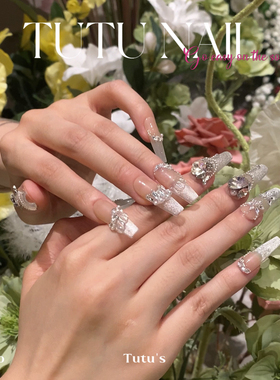 【伊丽莎白】TUTU NAIL手工穿戴甲可拆卸美甲猫眼长T尖白蝴蝶婚甲