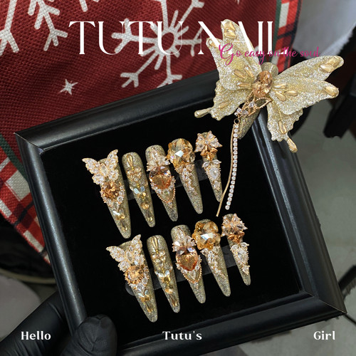 【黄金甲】TUTU NAIL手工穿戴甲重工金美婚甲蝴蝶十一指链条掐丝