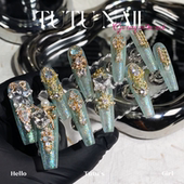 TUTU 薄荷碎冰 NAIL手工穿戴美甲奢华重工绿偏光蓝金链条旋转