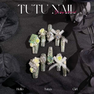 NAIL手工穿戴甲可拆卸美甲重工奢华长T尖绿花夏 TUTU 茉莉青提