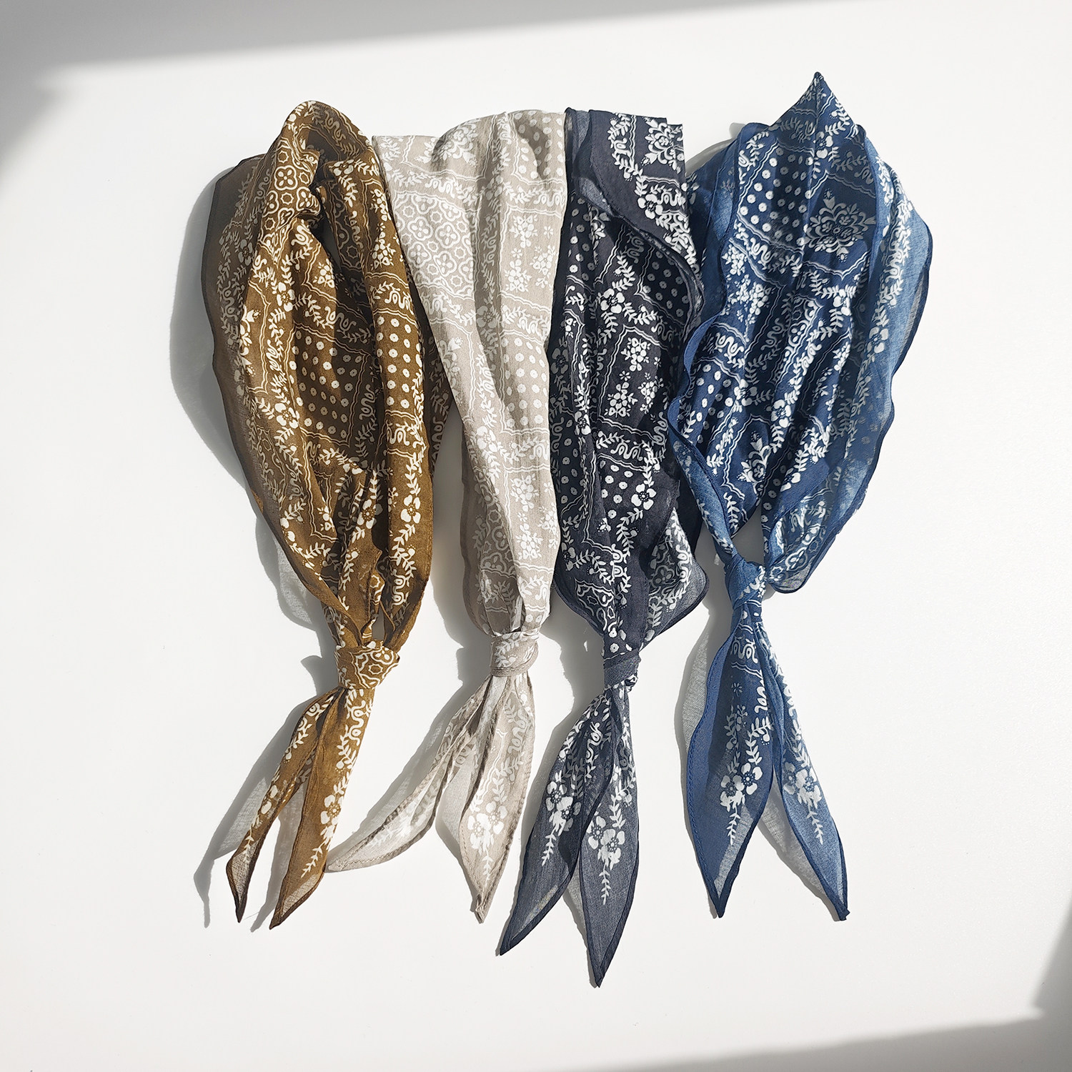 日系春夏薄款菱形柔软亲肤全棉文艺复古百搭丝巾印花领巾围巾发带