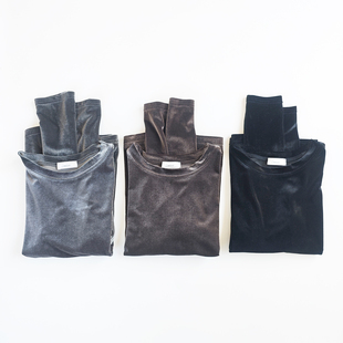 日单日系黑灰棕三色光泽丝绒绒修身款百搭圆领长袖T恤上衣小衫女