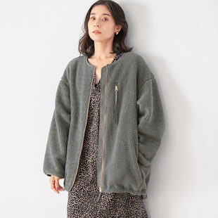 日单日系冬季羊羔绒拉链口袋宽松保暖中长款毛毛棉衣外套棉服女