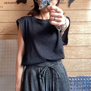 日单日系黑灰银线亮光薄款弹力棉质螺纹显瘦打底神器无袖T恤上衣