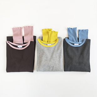 百搭圆领长袖 款 T恤上衣女 修身 日单日系撞色领口粗螺纹弹力拼接袖