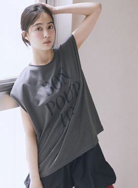 日单日系灰白红色亮银大字母印花散边宽松纯棉圆领无袖T恤上衣女