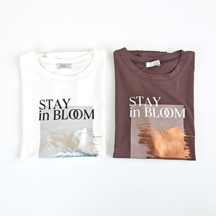 日单日系棕白银色图案字母印花吸汗速干丝光棉短袖 女 T恤上衣小衫