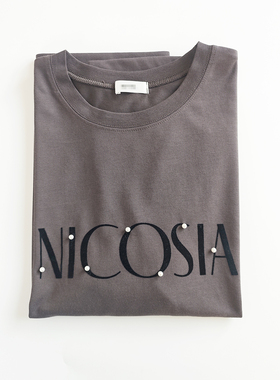 日单日系棕色珍珠黑色植绒字母丝光棉短袖T恤上衣小衫女M-5L大码