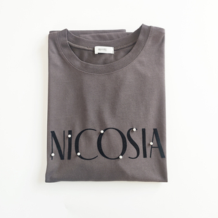 5L大码 女M T恤上衣小衫 日单日系棕色珍珠黑色植绒字母丝光棉短袖