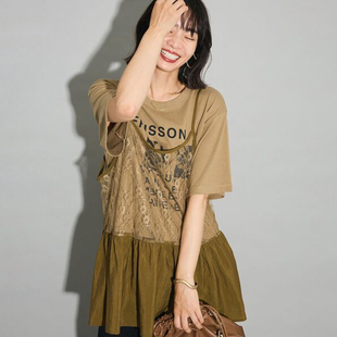 日单日系黑白咖三色镂空蕾丝拼接裙摆吊带短袖T恤小衫上衣两件套