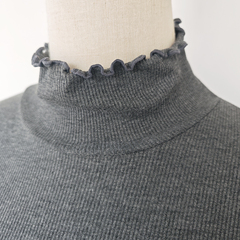 日单深灰肤色螺纹大弹力百搭木耳边高领长袖T恤打底衫女M-5L大码