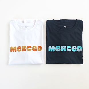 日单日系黑白色橙蓝毛巾刺绣字母装饰舒适丝光棉短袖T恤上衣女