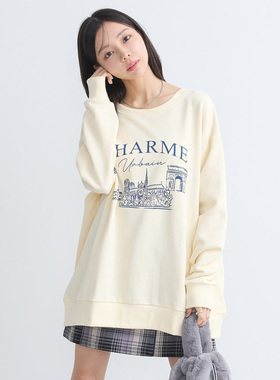 日单日系花灰色宽松城堡香水印花图案宽松休闲圆领套头长袖卫衣女