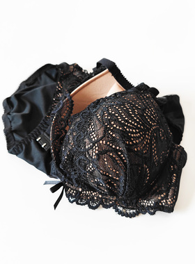 日单黑色舒适有钢圈聚拢厚杯性感蕾丝内衣文胸内裤贴身衣物不tui