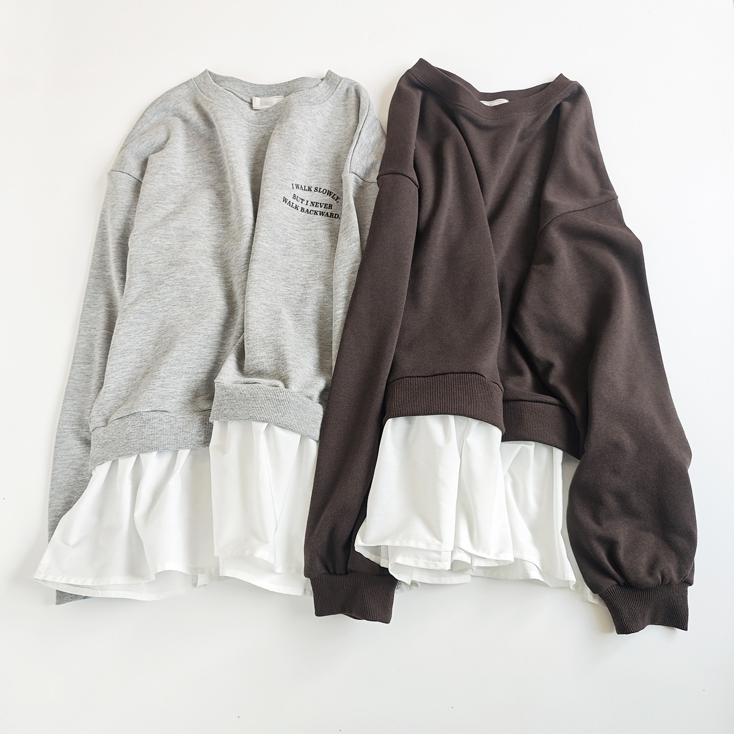 日单日系灰棕色涤棉拼接白布裙下摆黑色小字母印花宽松长袖卫衣女