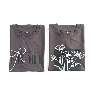 日单日系丝光棉白棕色立体印银字母蝴蝶结花束圆领无袖 T恤上衣女