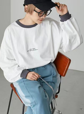 日单日系灰领白色纯棉宽松绿色刺绣小字母休闲百搭长袖圆领T恤女