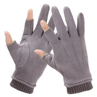 露二指手套男士秋冬天加绒加厚骑车保暖美团外卖骑手漏指半指冬季