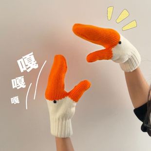 毛线手套女冬季加绒加厚可爱连指搞怪天鹅针织大学生骑行保暖防寒