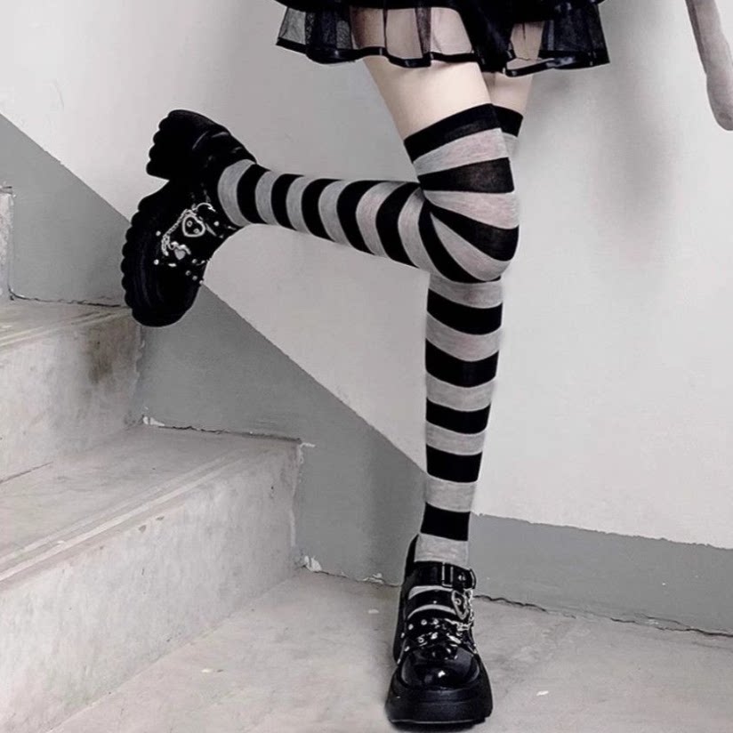 黑灰条纹袜子女长筒袜高筒大腿袜