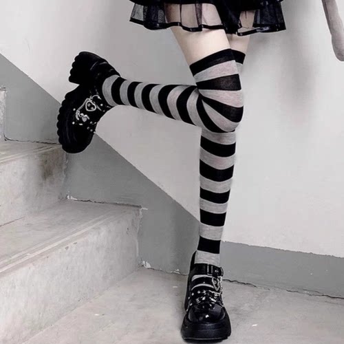 黑灰条纹袜子女长筒袜高筒大腿袜