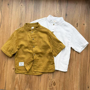 双层棉纱~男童纯棉短袖衬衫夏季新款男女孩儿童休闲百搭圆领上衣