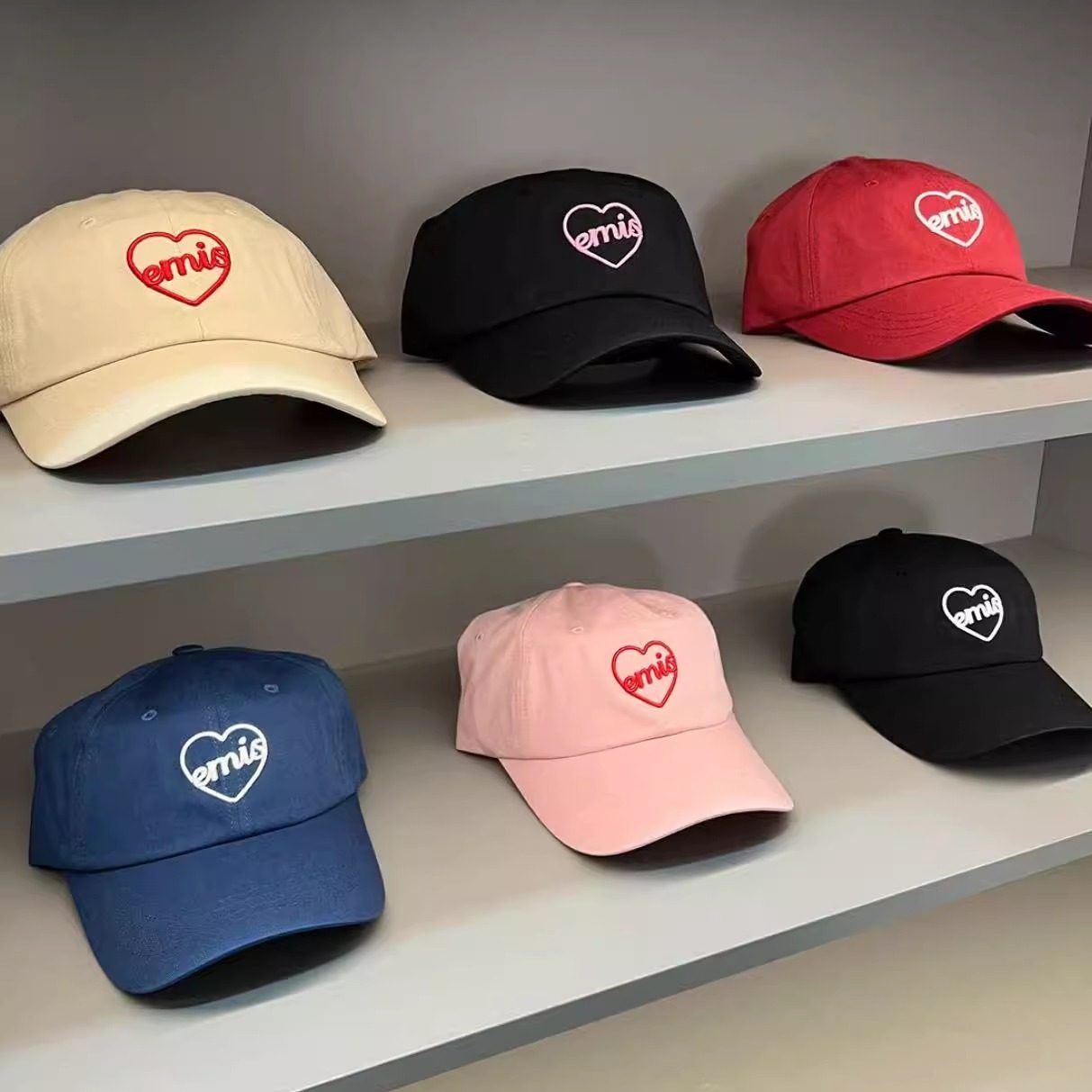 韩国emis2025新款爱心镂空刺绣帽子女甜美风大头围显脸小棒球帽子