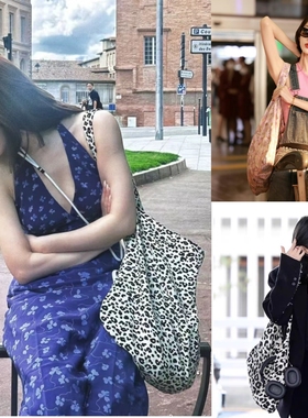 Emis~现货~赵露思娜扎宋慧乔韩素希同款购物袋帆布包包豹纹单肩包