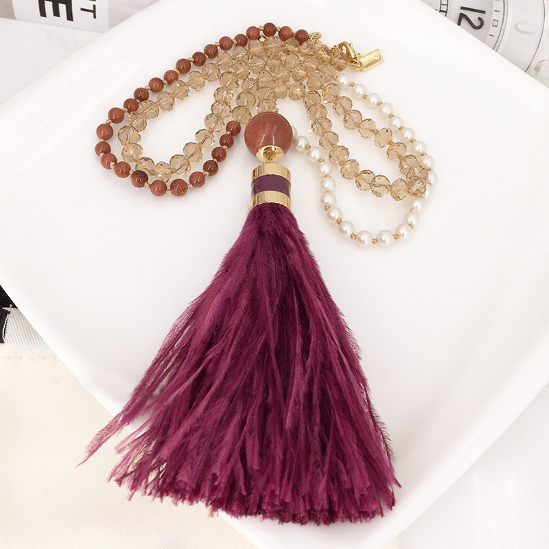 Swing Time Gold Stone Purple Feather 长款玉石羽毛项链耳环