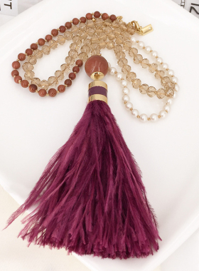 Swing Time Gold Stone Purple Feather 长款玉石羽毛项链耳环