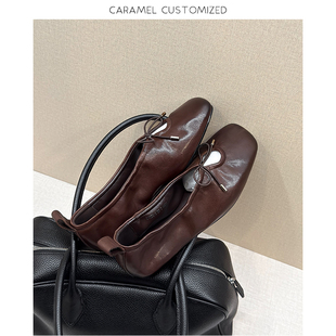 焦糖CARAMEL-法式学院风浅口单鞋系带方头真皮平底鞋女生-1.5cm