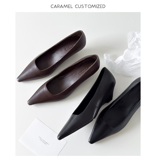 焦糖-新款真皮单鞋小坡跟方头高跟鞋英伦风简约百搭款女鞋-5cm