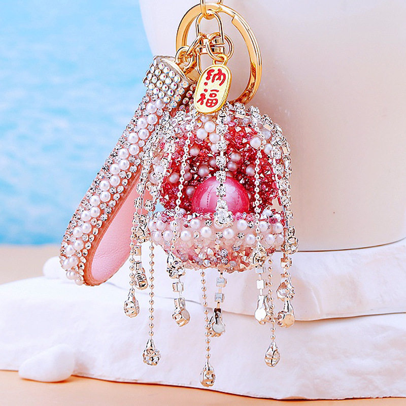 轻奢珍珠贝壳流苏汽车钥匙扣镶钻串珠女包包挂件钥匙链圈创意