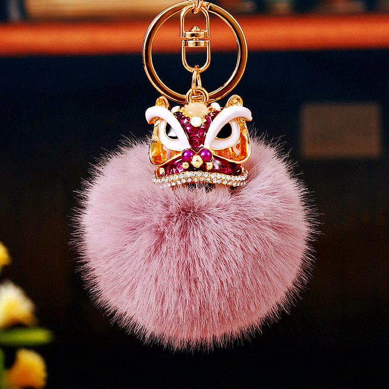 国潮镶钻醒狮舞狮汽车钥匙扣金属可爱男女包挂件钥匙链圈毛绒挂饰
