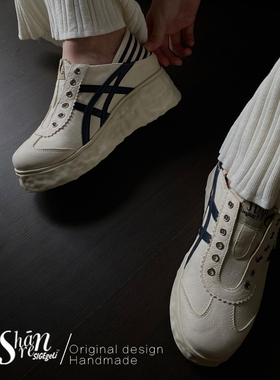 ShānRen 内增高8.0cm厚底 帆布德训鞋白深蓝轻便百搭休闲板鞋女