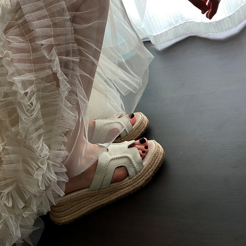 真皮高跟外穿草编厚底一字凉拖鞋