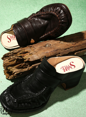 ShānRen 法式复古风 真皮包头拖鞋女夏外穿 粗高跟穆勒鞋高级感