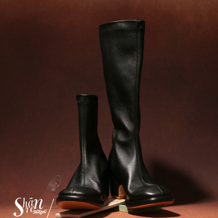 ShānRen瘦瘦靴_孟加拉超软弹力小羊皮粗高跟巨显瘦一脚蹬高筒靴