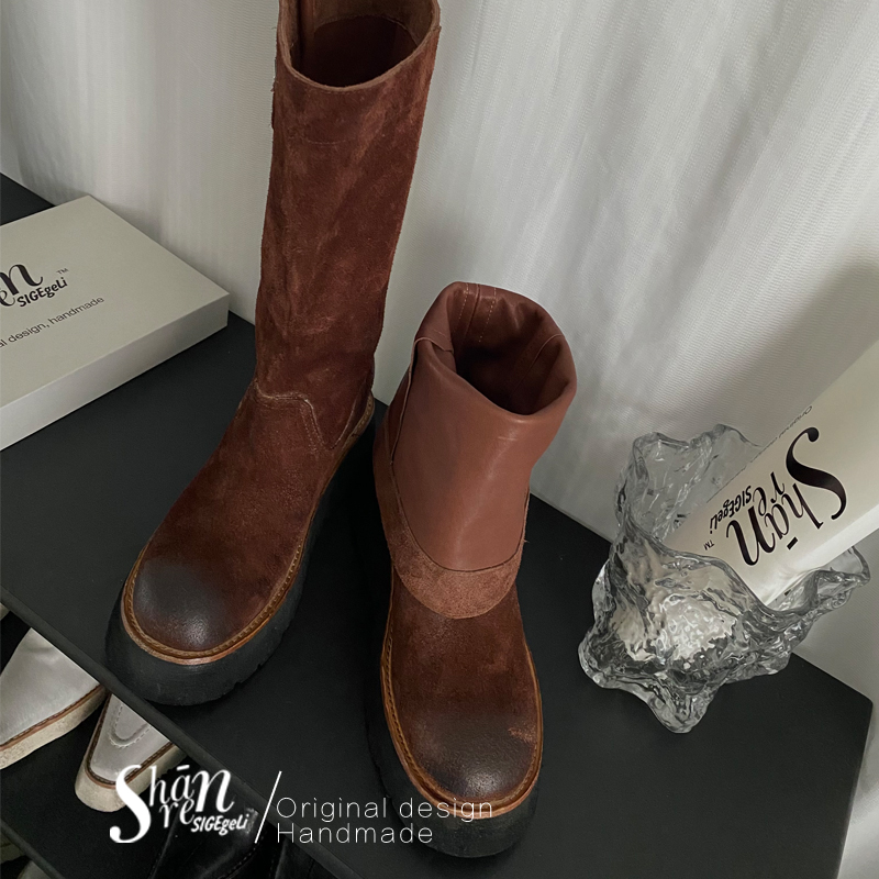 厚底中筒2024新款棕色马丁靴复古