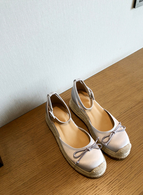 SHANREN 蝴蝶结高跟玛丽珍鞋休闲草编厚底松糕鞋包头中空凉鞋女鞋