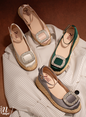 ShānRen原创高级感 水钻方扣浅口单鞋女厚底内增高轻熟风通勤鞋