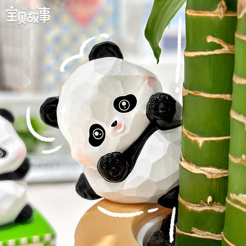 胖哒熊猫福福小摆件树脂工艺品文创可爱仿木雕摆件桌面卡通装饰品