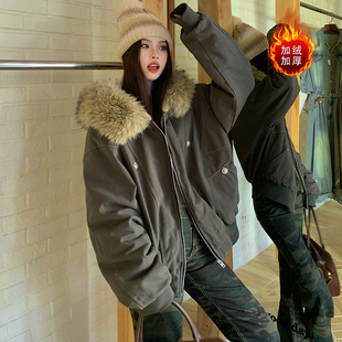 加绒加厚短款 冬装 派克棉服外套连帽大毛领200斤显瘦 女装 胖mm大码
