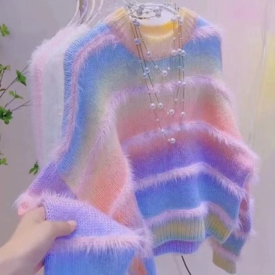 小众设计感时尚拼色彩虹渐变毛衣