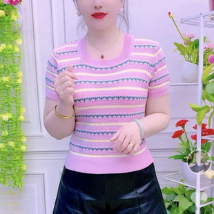 伊轩丽清仓亏本小个子体恤女韩版 圆领条纹针织衫 显瘦镂空修身 短袖