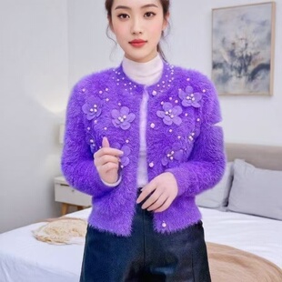 仿貂绒钉珠花朵重工立体开衫外套甜美2025新款加厚短款毛衣
