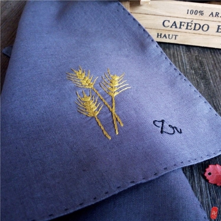 私人订制棉亚麻纯手工小麦穗刺绣手帕男女士朋友情人节礼物寓意好