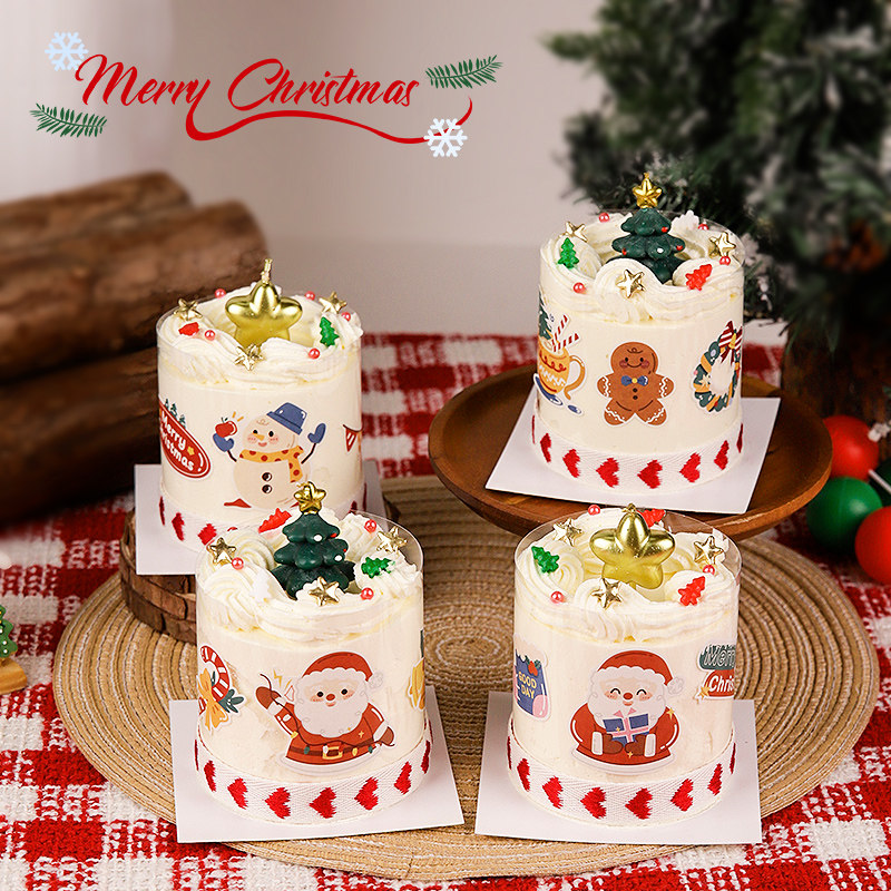 2025圣诞树蜡烛蛋糕装饰摆件老人礼物盒贴纸圣诞节快乐甜品台插件