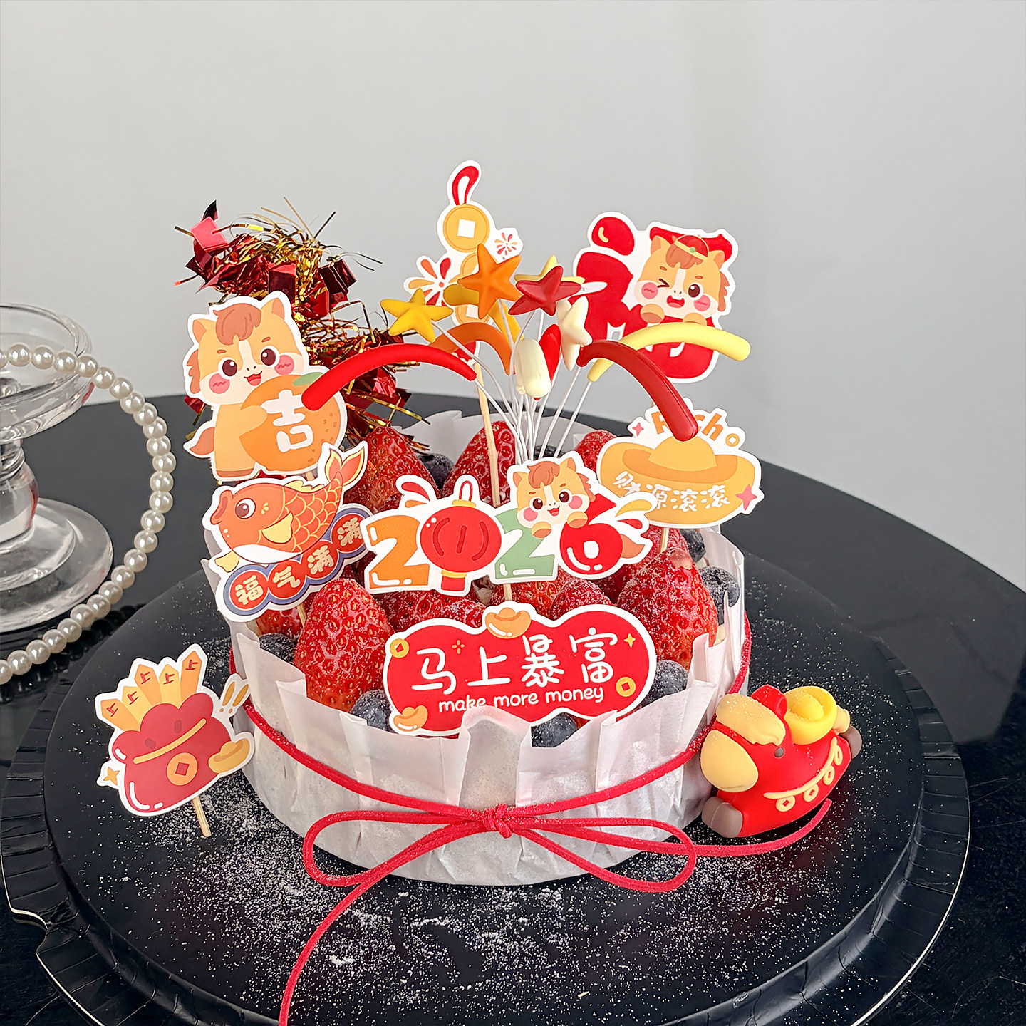 跨年新年礼花蛋糕装饰摆件马年马上暴富财源滚滚烘焙装扮插件配件