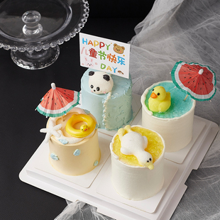 61儿童节蛋糕装饰摆件夏日沙滩海浪草帽游泳圈躺平鸭西瓜伞插件